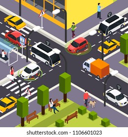 City crossroad isometric background with autonomous driverless cars on road and people walking on the street vector illustration 