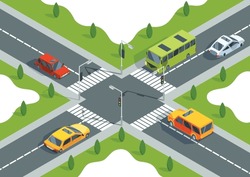 City Crossroad Isometric View With Road Markings, Traffic Lights Pedestrian Zebra Crossing And Cars. Urban Traffic Map With Transport, Vector Graphic Design Elements
