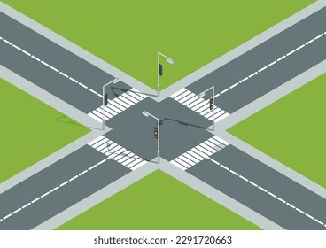 City crossroad isometric view with road markings, traffic lights pedestrian zebra crossing. Urban traffic map for transport, vector graphic design elements. Empty road without cars