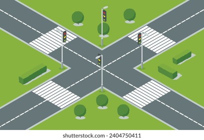 City crossroad isometric view with road markings, traffic lights pedestrian zebra crossing. Urban traffic map for transport, vector graphic design elements. Empty road without cars