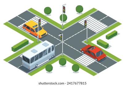 Vista isométrica del cruce de la ciudad con señalización de carreteras, semáforos, paso de cebra peatonal y coches. Mapa de tráfico urbano con elementos de transporte, diseño gráfico vectorial