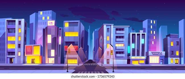 City crossroad at night time, empty transport intersection with zebra crossing, glowing street lamps. Urban architecture, infrastructure, megapolis with modern buildings, Cartoon vector illustration