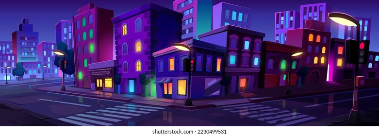 Cruce de la ciudad por la noche, intersección de transporte vacío con paso de cebra, brillantes lámparas de calle. Arquitectura urbana, infraestructura, megapolis con edificios modernos, ilustración vectorial de dibujos animados