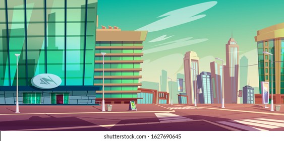 City crossroad with pedestrian crosswalk and street lamps. Vector cartoon town landscape with buildings, skyscrapers and car road intersection. Modern cityscape with empty street