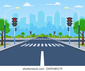 city crossroad, road on crosswalk with traffic lights. markings and sidewalk for pedestrians. without any cars and people. Cityscape, empty street, highway, concept. Vector illustration in flat style