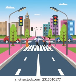 City crossroad with traffic lights, road markings, sidewalk for pedestrians. people crossing road. Cityscape, empty street, highway, urban concept in flat style vector illustration. 
