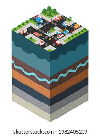 City crossroads auto urban landscape Soil layers geological and underground beneath nature landscape isometric slice