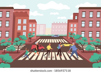 City crossroads flat background with marking on pedestrian crossing cars and park trees vector illustration