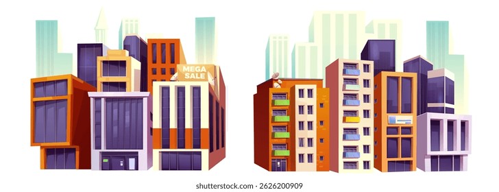 City crossroads illustration - colorful tall modern buildings cluster, business office skyscrapers neighbor apartment houses at downtown intersection. Cartoon city panorama for game background.