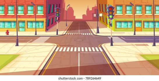 City crossroads, intersection vector cartoon illustration. Urban highway, crosswalk with traffic lights. Town buildings view.