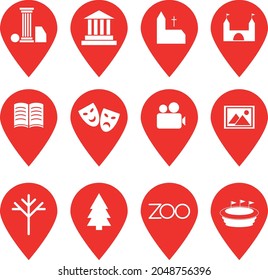 City culture map google marker points. Set of vector icons with red localisation sign. City cultural and monumental elements. Web, app, application website illustration. Urban holiday icons