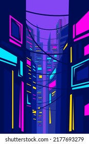City cyberpunk neon line art design skyline with buildings, towers. Cityscape glowing lights, architecture vector illustration.
