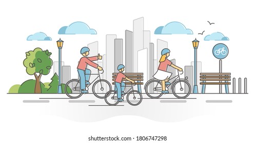 City cycling activity as urban active transportation ride outline concept. Bike family on road in town with bicycle lanes vector illustration. Infrastructure for sport activities and fun leisure scene