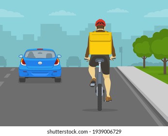 City cyclist courier on bicycle with yellow parcel box on the back delivering food. Back view of cycling bike rider. Flat vector illustration template.