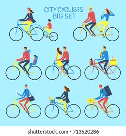 City cyclists big set. Including families with children, delivery, postman, pairs. Various lifestyle people for your design.