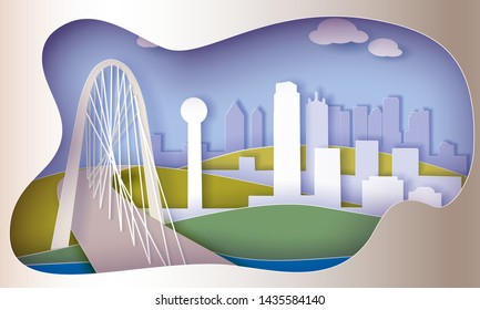 City Dallas with cable-stayed bridge scape concept. 3d abstract paper cut illustration of white town. Vector colorful illustration paper art style.