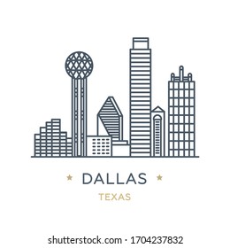 City Dallas, state of Texas. Line icon of famous and largest city of USA. Outline icon for web, mobile and infographics. Landmarks and famous building. Vector illustration, white isolated. 