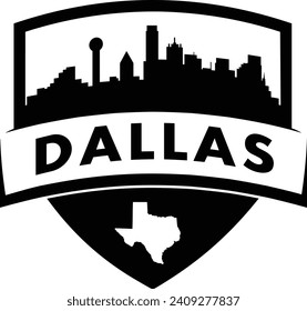 Ciudad de Dallas Texas estilo escudo blanco y negro de edificios de ciudades silueta de escudo gráfico con contorno blanco knockout de la forma de frontera estatal bajo nombre. Diseño de vectores. 