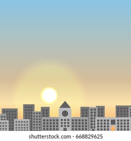 The city at dawn. Skyscrapers and a tower with an arch and watch. Urban vector landscape can be used in newsletter, brochures, postcards, banner.