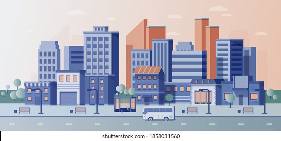 City day, buildings by the road, four colors