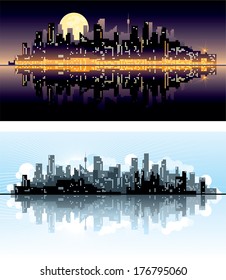 City at day and night. Vector abstract town silhouettes of skyscrapers on night and day background.  