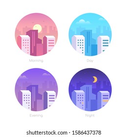 City day - set of flat design style vector elements in round frames. Modern icons with buildings, housing complex, urban landscapes with skyscrapers. Morning, afternoon, evening, night themes