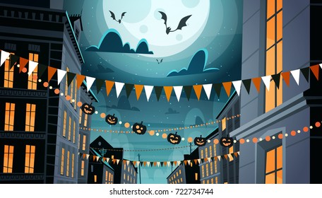 City Decorated For Halloween Celebration Home Building With Pumpkins, Garlands Holiday Night Party Concept Flat Vector Illustration