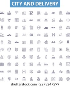 City and delivery line icons, signs set. City, Delivery, Urban, Local, Mail, Express, Shipping, Logistics, Transport outline vector illustrations.