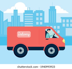 city delivery man driving van