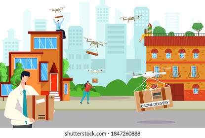 City delivery service, vector illustration. Flat air copter, drone technology hold box for people man woman character concept. Quadcopter innovation technology fly with box, deliver package by sky.