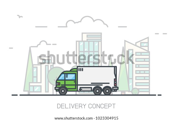City delivery truck driving on freeway. Urban\
background, skyscrapers and buildings, park and trees. Delivery\
concept with city background. Modern line vector illustration.\
Cargo transportation van.