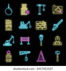 City demolition work icons set. Outline set of city demolition work vector icons neon color on black