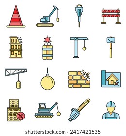 City demolition work icons set. Outline set of city demolition work vector icons thin line color flat on white