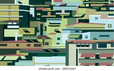The city. Densely built houses in the city. Architectural Chaos. Conceptual drawing.