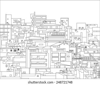 The city. Densely built houses in the city. Architectural Chaos. Conceptual drawing.