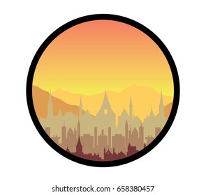 City in the desert vector illustration
sunset sky and buildings silhouette, circle frame
vector cityscape illustration

