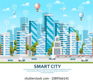 City design elements with green trees. Smart city concept with smart services and icons, internet of things. Vector illustration on sky with cloud background. Web site page and mobile app design.