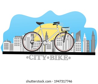 city ​​bike design with a landscape view of city buildings and the words "city bike", for logos, icons or bicycle sports content emblems.