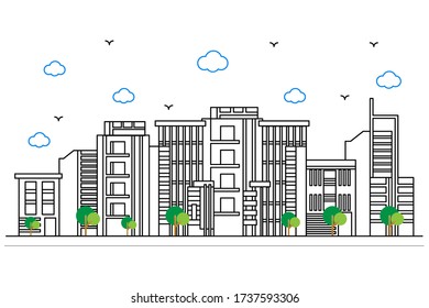 City design with a thin line style. White background. Concept building