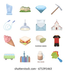 City, dessert, fan and other web icon in cartoon style.Religion, transport, food icons in set collection.