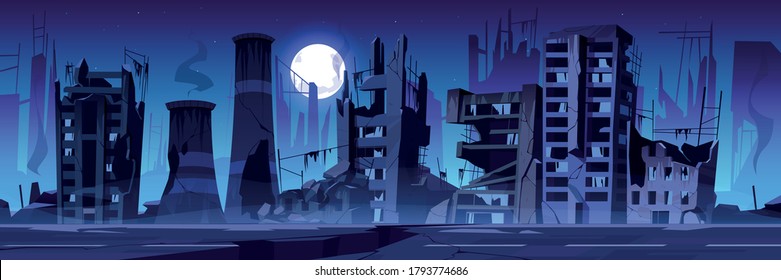 City destroy in war zone, abandoned buildings at night. Destruction, natural disaster or cataclysm consequences, post-apocalyptic world ruins with broken road and street cartoon vector illustration