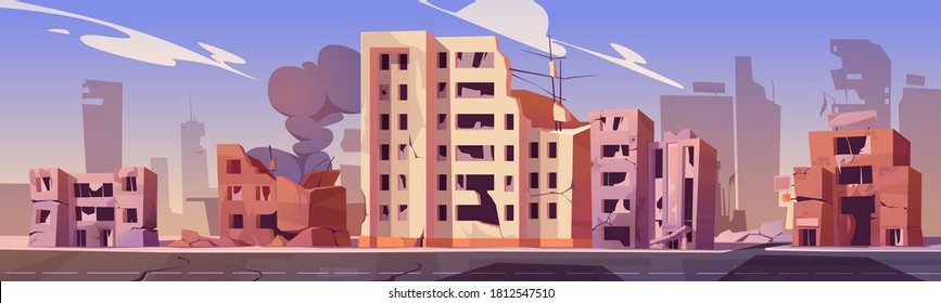 City destroy in war zone, abandoned buildings with smoke. Destruction, natural disaster or cataclysm consequences, post-apocalyptic world ruins with broken road and street cartoon vector illustration