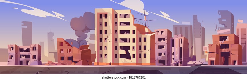 City destroy in war zone, abandoned buildings with smoke. Destruction, natural disaster or cataclysm consequences, post-apocalyptic world ruins with broken road and street cartoon vector illustration