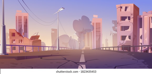 City destroy in war zone, abandoned buildings and bridge with smoke. Destruction, natural disaster or cataclysm, post-apocalyptic world ruins with broken road and street, cartoon vector illustration