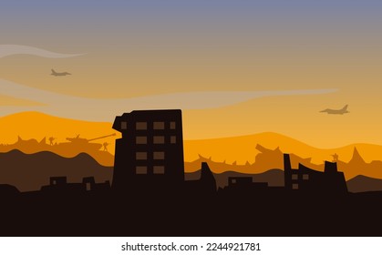 City destroyed by war vector illustration, soldier background, soldier silhouette, Artillery, Cavalry, Tank, Warplane.