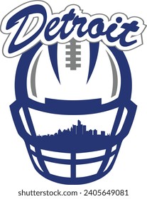 City of Detroit Michigan downtown buildings skyline silhouette inside face mask of football helmet with laces and script lettering above. Vector eps graphic design.