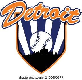 City of Detroit Michigan skyline silhouette baseball icon with ball inside home plate shaped shield and script lettering above. Vector eps graphic design.