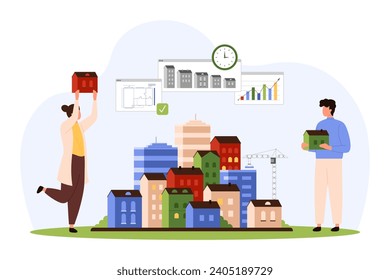 City development and construction, business district planning, urbanism. Tiny people holding models of buildings to plan downtown zone with skyscrapers and modern houses cartoon vector illustration