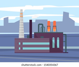 City and development of manufacturing and production making vector, factory with pipes and technologies. Powerplant with turbines, smog and cityscape