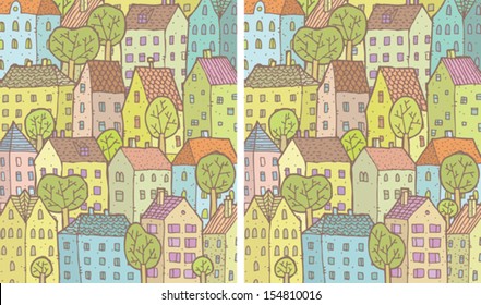 City Differences Visual Game. Task: find 10 differences! Solution in hidden layer (vector file only). Illustration is in eps8 vector mode!